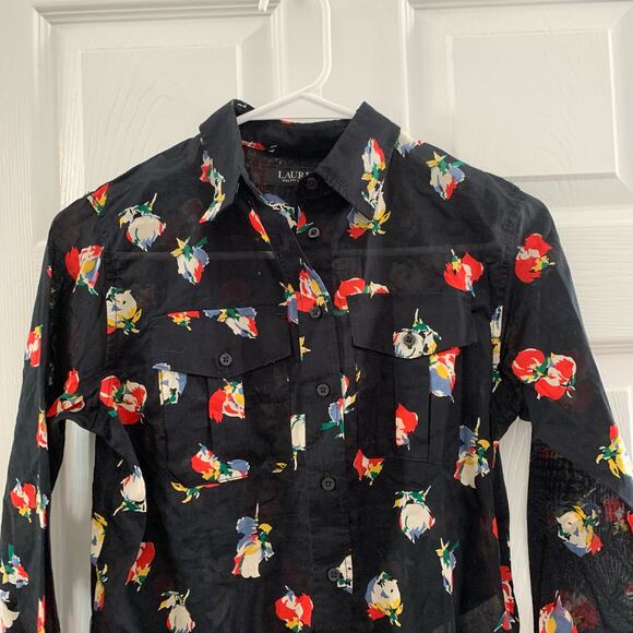 NWT Lauren Ralph Lauren Black Floral Cotton Voile Button Front Shirt - Picture 3 of 8